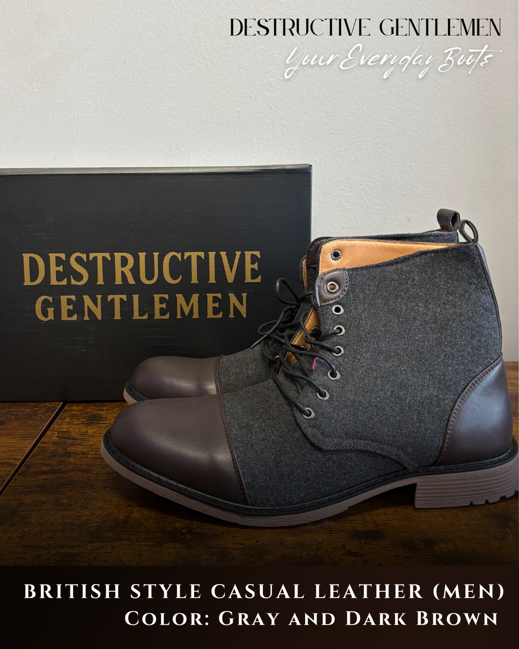 British Style Men Casual Leather (Gray and Dark Brown)